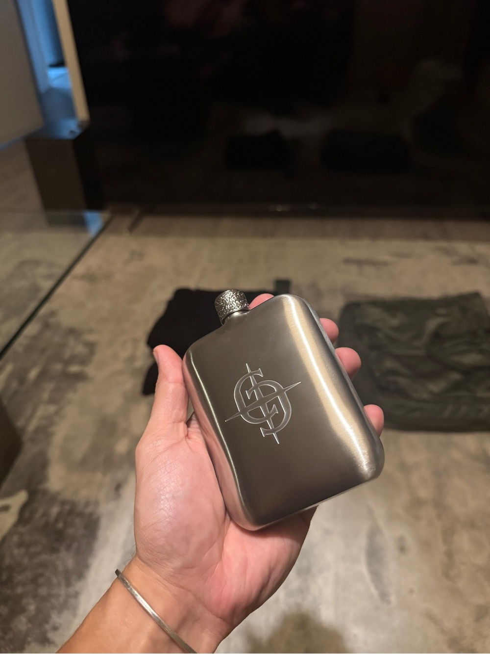 Clocks and Colours Metal Hip Flask with Monogram Design - Gunmetal